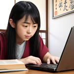 A determined student studying Japanese with online resources (Memrise or Anki) on a laptop. The scene is cozy, perhaps a home setting, with Japanese learning materials scattered around. Focus on conveying dedication and the use of technology in language acquisition.