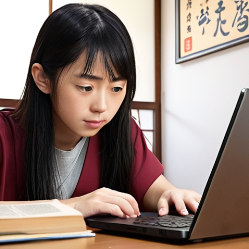 Home 15 A determined student studying Japanese with online resources (Memrise or Anki) on a laptop. The scene is cozy, perhaps a home setting, with Japanese learning materials scattered around. Focus on conveying dedication and the use of technology in language acquisition.