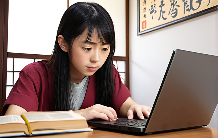 A determined student studying Japanese with online resources (Memrise or Anki) on a laptop. The scene is cozy, perhaps a home setting, with Japanese learning materials scattered around. Focus on conveying dedication and the use of technology in language acquisition.